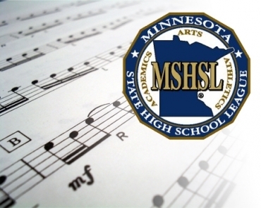 MSHSL Logo on top of paper with music notes printed on it