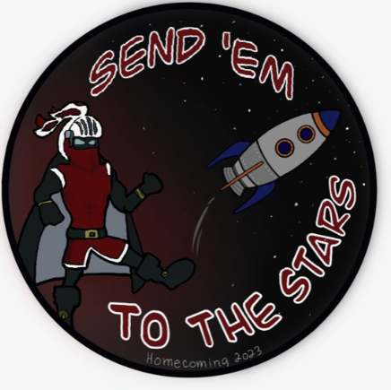 Picture of the Raider Mascot and a rocket with the slogan "Send 'em to the stars"