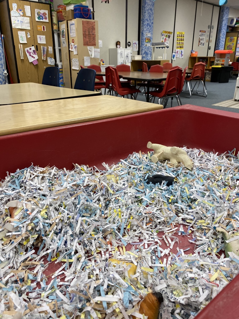 Sensory table filled with paper shred and polar animals